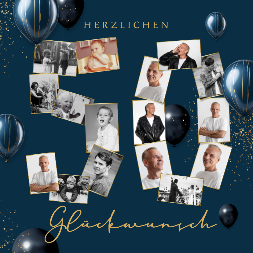 Glückwunschkarte 50. Geburtstag Fotocollage in Blau - Geburtstagskarten Geburtstagskarten - Glückwunschkarte 50. Geburtstag Fotocollage in Blau