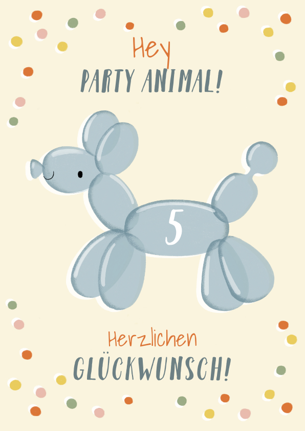 Geburtstagskarten - Glückwunschkarte Ballon-Hund und Konfetti