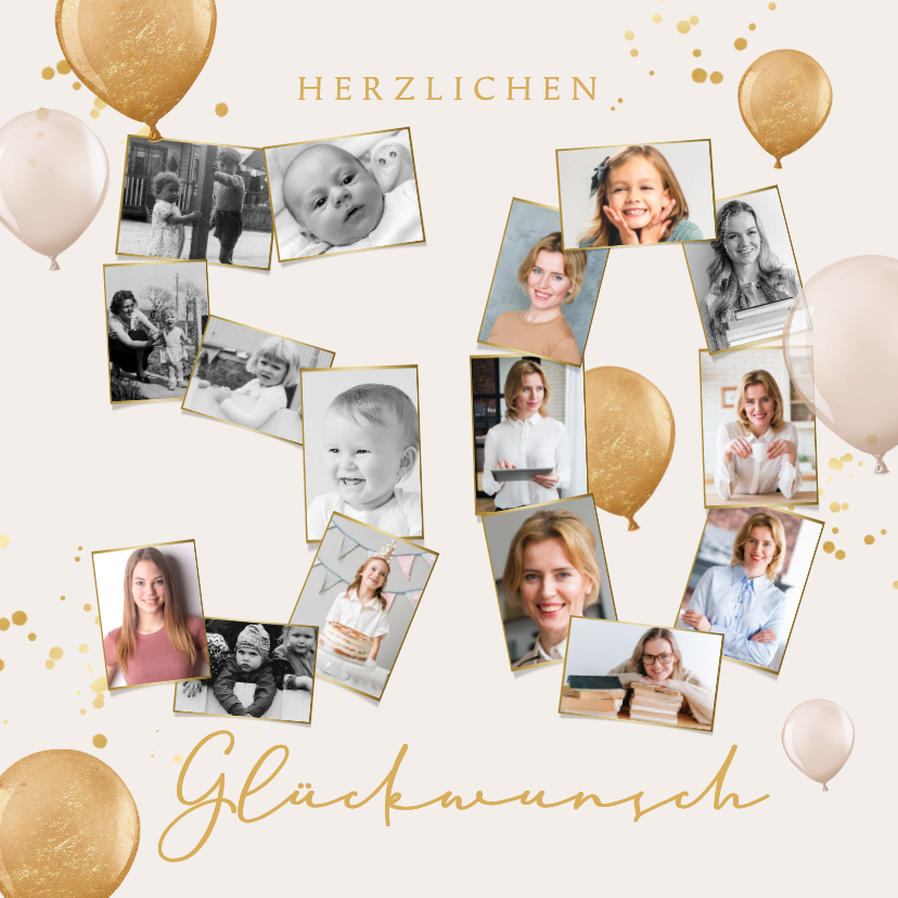 Glückwunschkarte beige Fotocollage 50 - Geburtstagskarten Geburtstagskarten - Glückwunschkarte beige Fotocollage 50