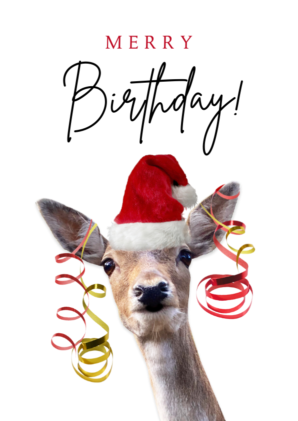 Geburtstagskarten - Glückwunschkarte Geburtstag Reh mit Weihnachtsmütze