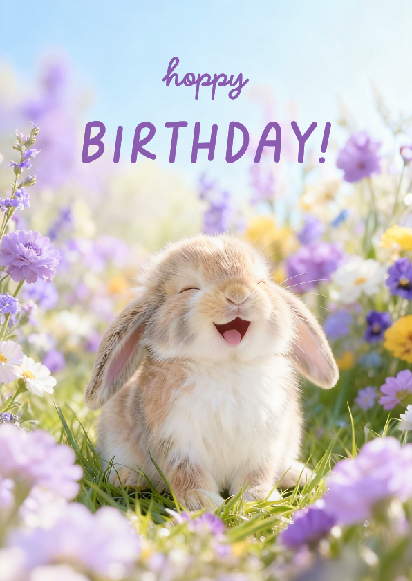 Geburtstagskarten - Glückwunschkarte 'Hoppy Birthday' Kaninchen Blumenwiese