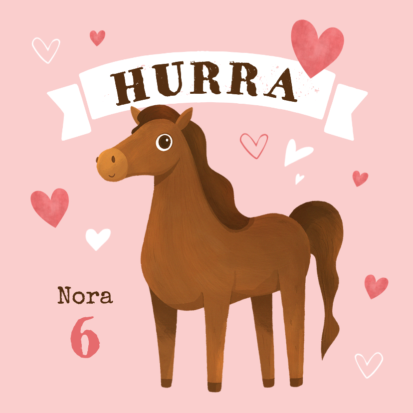 Geburtstagskarten - Glückwunschkarte 'Hurra' Pferd auf Rosa mit Name und Alter