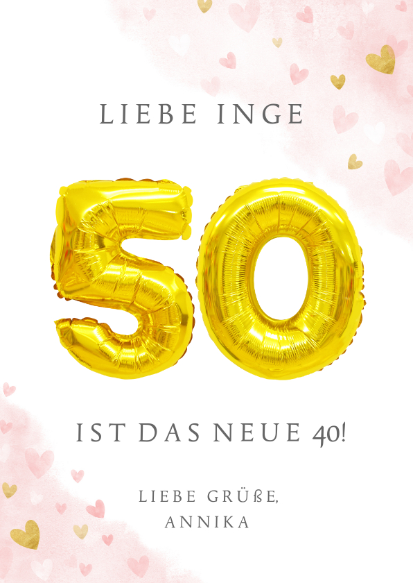 Geburtstagskarten - Glückwunschkarte zum 50. Geburtstag rosa mit Zahlenballon