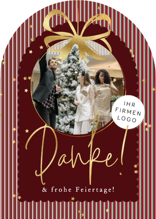 Geschäftliche Weihnachtskarten - Danke Foto-Weihnachtskarte Bogenform mit Logo Schleife