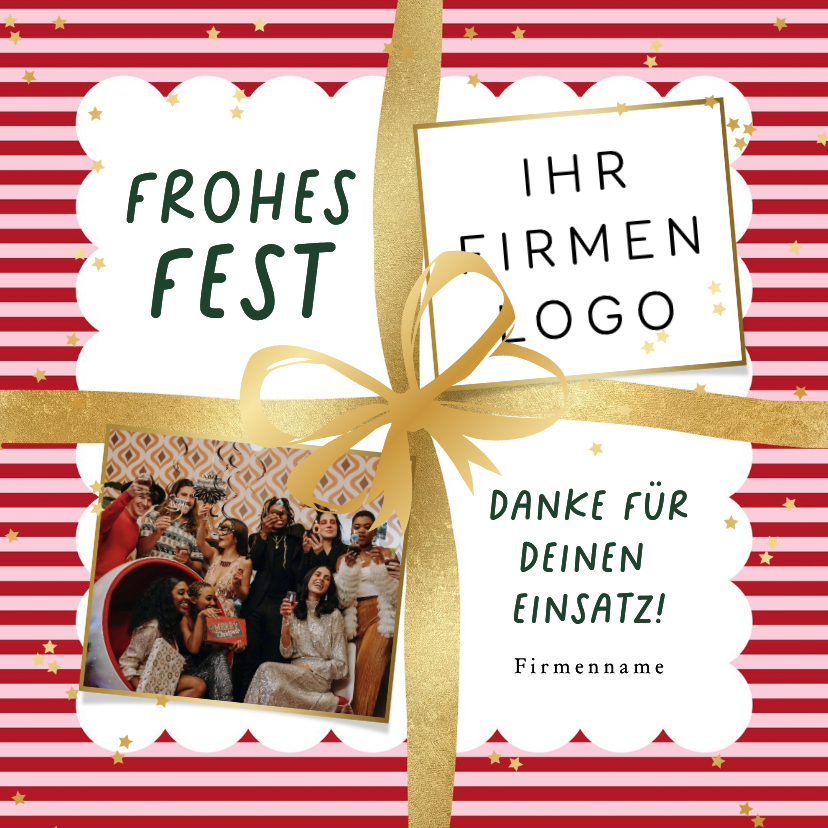 Dankeskarte Weihnachten Foto & Logo Geschenk gestreift - Geschäftliche Weihnachtskarten Geschäftliche Weihnachtskarten - Dankeskarte Weihnachten Foto & Logo Geschenk gestreift