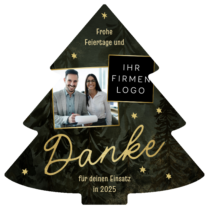 Geschäftliche Weihnachtskarten - Dankeskarte Weihnachtsbaum Sterne Foto und Logo 