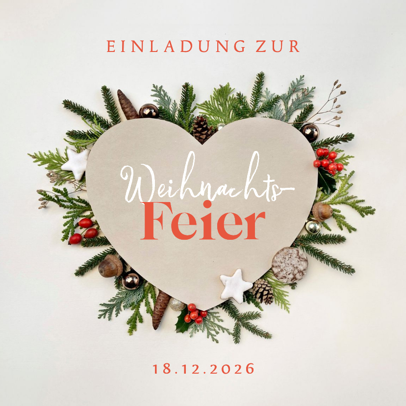 Geschäftliche Weihnachtskarten - Einladung zur Weihnachtsfeier Herz mit Weihnachtsdeko