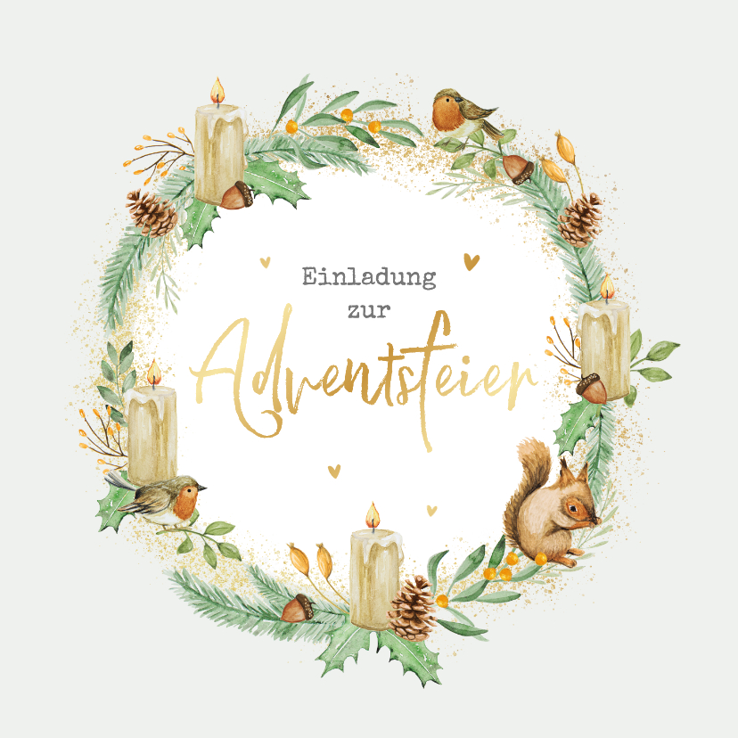 Firmen-Einladungskarte Adventsfeier Adventskranz mit Tieren - Geschäftliche Weihnachtskarten Geschäftliche Weihnachtskarten - Firmen-Einladungskarte Adventsfeier Adventskranz mit Tieren