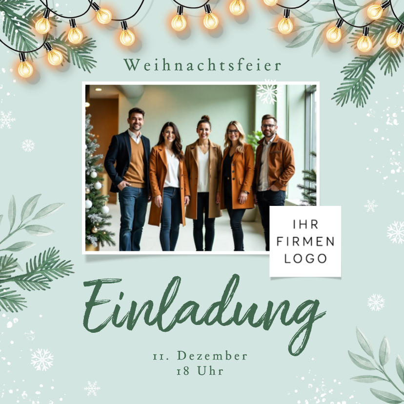 Foto-Einladung Weihnachtsessen Mitarbeiter Lichterkette - Geschäftliche Weihnachtskarten Geschäftliche Weihnachtskarten - Foto-Einladung Weihnachtsessen Mitarbeiter Lichterkette