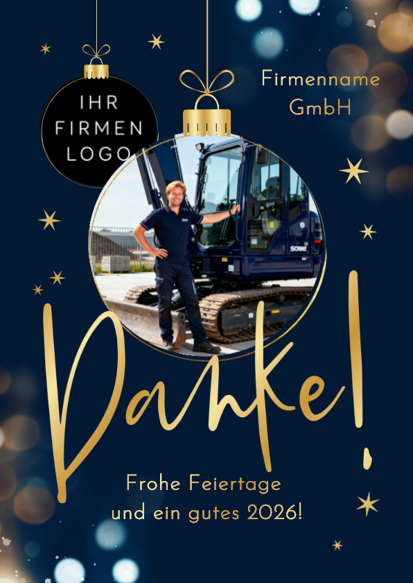 Foto-Weihnachts-Dankeskarte dunkelblau 'Danke!' Bokeh - Geschäftliche Weihnachtskarten Geschäftliche Weihnachtskarten - Foto-Weihnachts-Dankeskarte dunkelblau 'Danke!' Bokeh