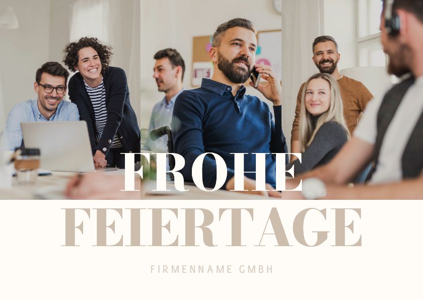 Fotocollage Frohe Feiertage schlicht beige Weihnachtskarte - Geschäftliche Weihnachtskarten Geschäftliche Weihnachtskarten - Fotocollage Frohe Feiertage schlicht beige Weihnachtskarte