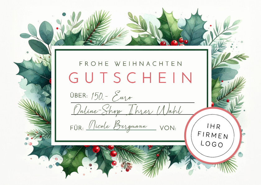 Gutscheinkarte Weihnachten Mistelzweige Ilex mit Logo - Geschäftliche Weihnachtskarten Geschäftliche Weihnachtskarten - Gutscheinkarte Weihnachten Mistelzweige Ilex mit Logo