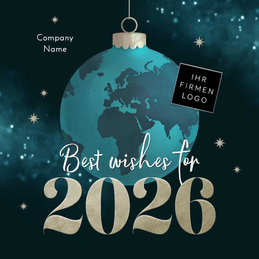 Internationale Weihnachtskarte Weltkugel blau mit Logo - Geschäftliche Weihnachtskarten Geschäftliche Weihnachtskarten - Internationale Weihnachtskarte Weltkugel blau mit Logo