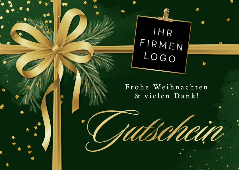 Karte Weihnachtsgutschein Goldschrift mit Schleife - Geschäftliche Weihnachtskarten Geschäftliche Weihnachtskarten - Karte Weihnachtsgutschein Goldschrift mit Schleife