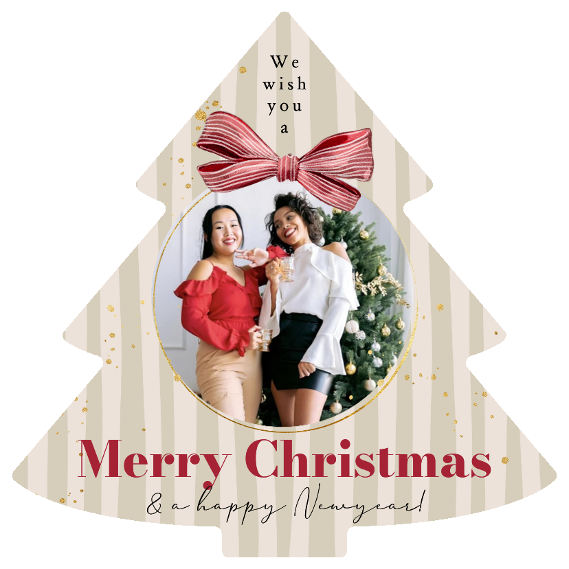 Tannenbaum Foto-Weihnachtskarte gestreift mit Schleife - Geschäftliche Weihnachtskarten Geschäftliche Weihnachtskarten - Tannenbaum Foto-Weihnachtskarte gestreift mit Schleife