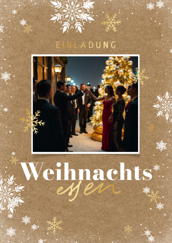 Weihnachtsessen Einladung Firma Schneeflocken & Foto - Geschäftliche Weihnachtskarten Geschäftliche Weihnachtskarten - Weihnachtsessen Einladung Firma Schneeflocken & Foto
