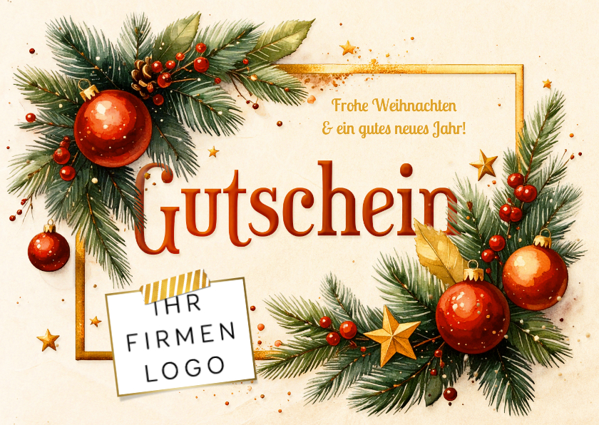 Weihnachtsgutschein mit Logo Tannenzweige und Ornamente - Geschäftliche Weihnachtskarten Geschäftliche Weihnachtskarten - Weihnachtsgutschein mit Logo Tannenzweige und Ornamente
