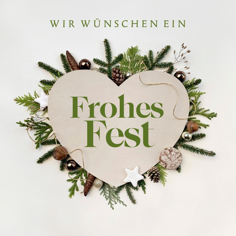 Geschäftliche Weihnachtskarten - Weihnachtskarte Firma Herz mit Rahmen aus Zweigen