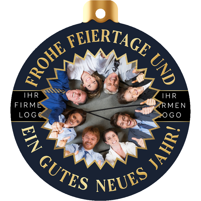 Geschäftliche Weihnachtskarten - Weihnachtskarte Firma Weihnachtskugel Logo und Foto rund