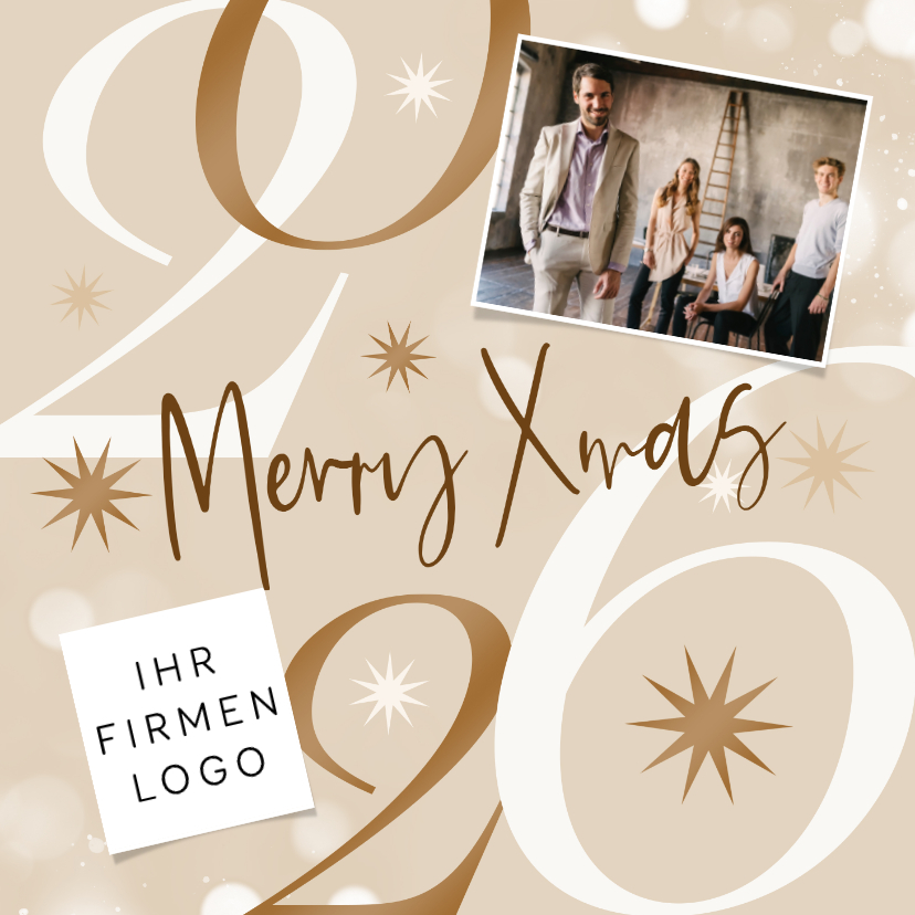 Weihnachtskarte Fotokarte 2026 mit Logo Sterne - Geschäftliche Weihnachtskarten Geschäftliche Weihnachtskarten - Weihnachtskarte Fotokarte 2026 mit Logo Sterne
