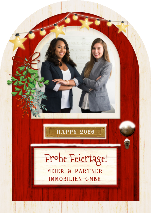 Geschäftliche Weihnachtskarten - Weihnachtskarte Immobilienmakler Tür Bogenkarte mit Foto