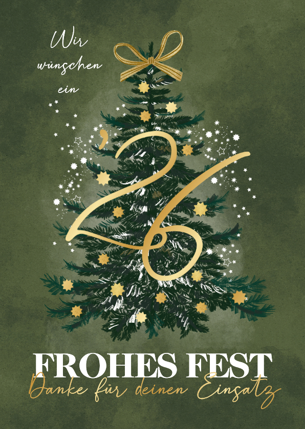 Geschäftliche Weihnachtskarten - Weihnachtskarte Tannenbaum '26 und Sterne in Gold