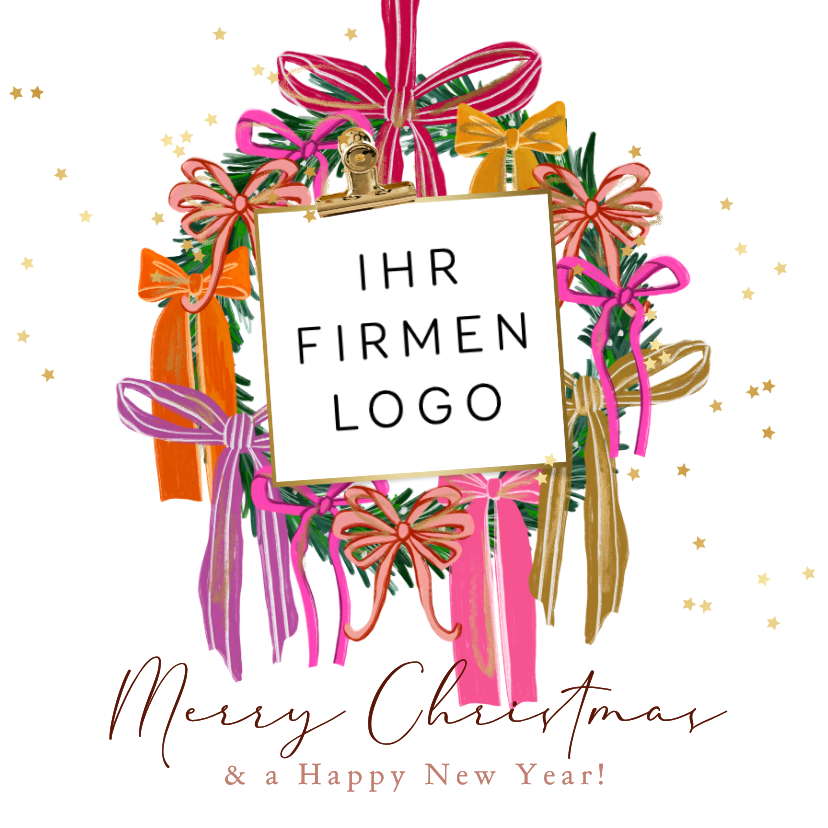 Weihnachtskarte Weihnachtskranz mit Schleifen rosa bunt Logo - Geschäftliche Weihnachtskarten Geschäftliche Weihnachtskarten - Weihnachtskarte Weihnachtskranz mit Schleifen rosa bunt Logo