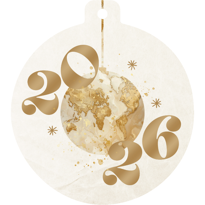 Weihnachtskugel-Karte mit Weltkarte 2026 beige gold - Geschäftliche Weihnachtskarten Geschäftliche Weihnachtskarten - Weihnachtskugel-Karte mit Weltkarte 2026 beige gold