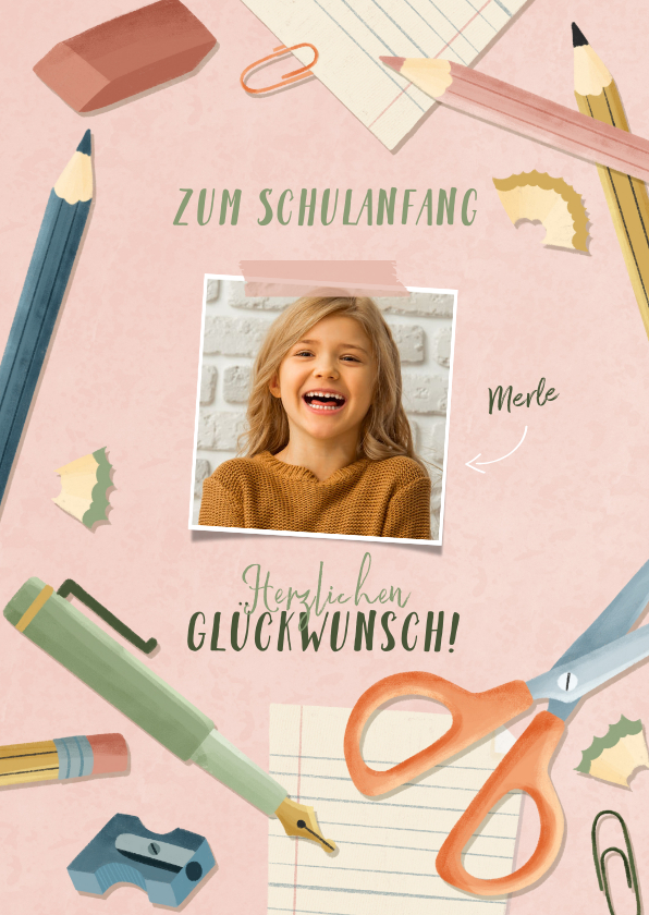 Glückwunschkarten - Fotokarte Glückwunsch Schulanfang rosa