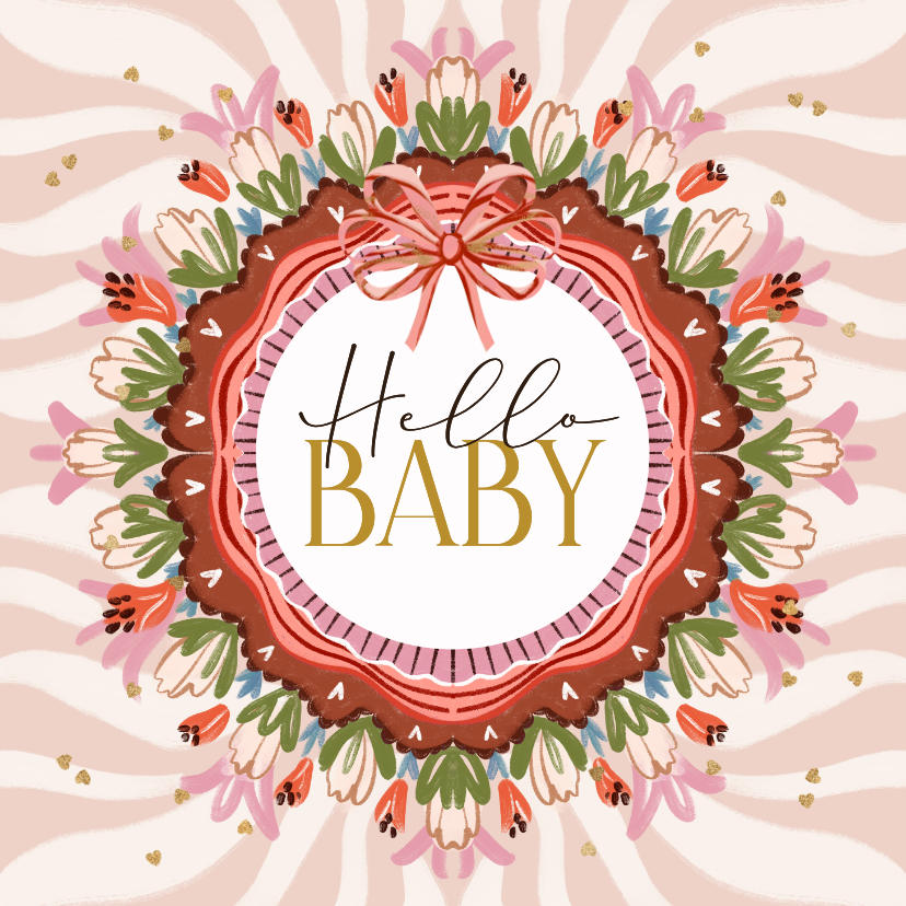 Glückwunschkarten - Geburt Glückwunschkarte rosa Blumenkranz Vintage