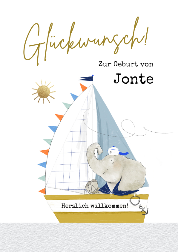 Glückwunschkarten - Glückwunschkarte Baby geboren Elefant in Segelboot