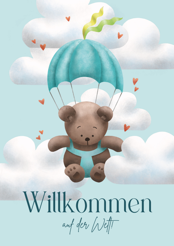 Glückwunschkarten - Glückwunschkarte Geburt blau Bär mit Fallschirm