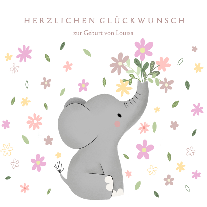 Glückwunschkarten - Glückwunschkarte Geburt Elefant mit Blumen