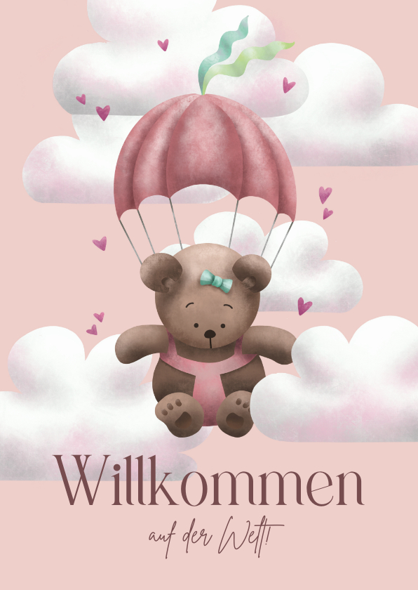 Glückwunschkarten - Glückwunschkarte Geburt rosa Bär mit Fallschirm