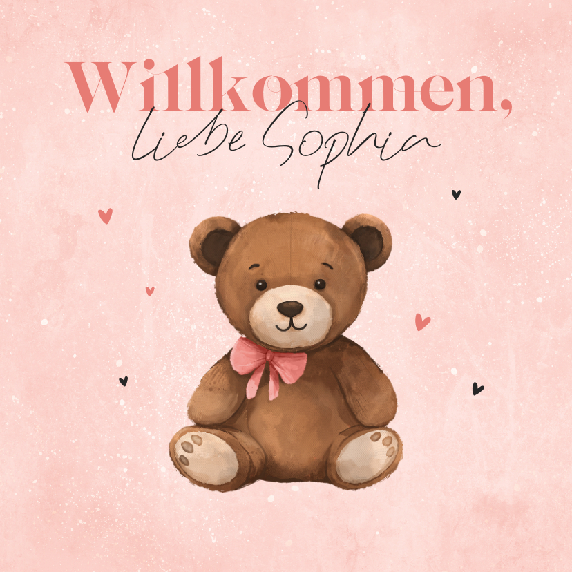 Glückwunschkarten - Glückwunschkarte Geburt rosa mit Teddybär