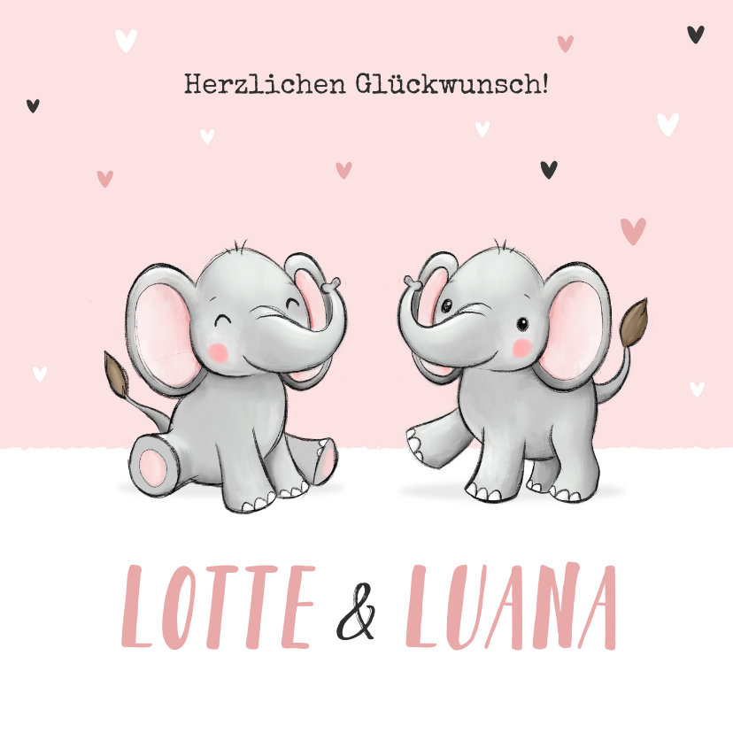 Glückwunschkarte Geburt Zwilling Elefanten rosa - Glückwunschkarten Glückwunschkarten - Glückwunschkarte Geburt Zwilling Elefanten rosa