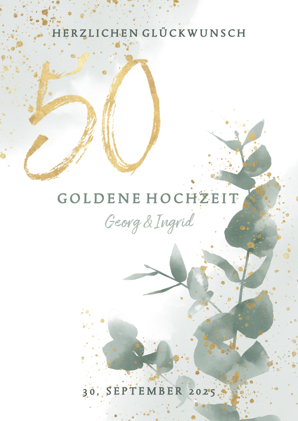 Glückwunschkarten - Glückwunschkarte Goldene Hochzeit Eukalyptus