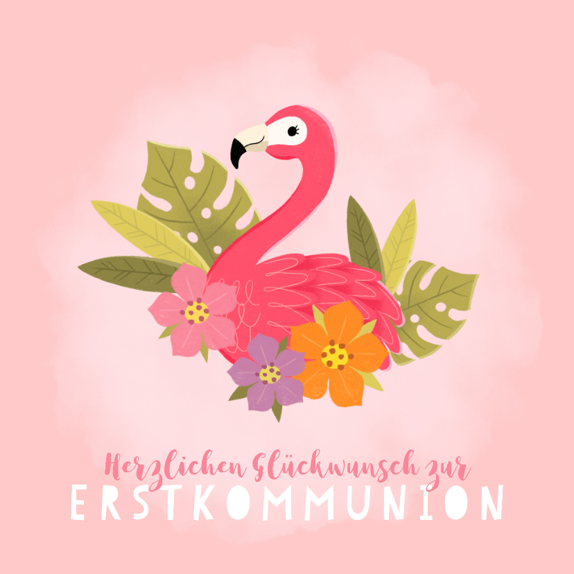 Glückwunschkarten - Glückwunschkarte Kommunion Flamingo & Blumen