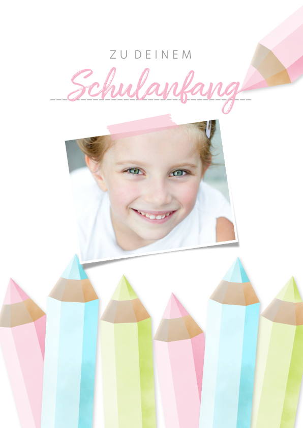 Glückwunschkarten - Glückwunschkarte rosa Schulanfang Foto & Buntstifte