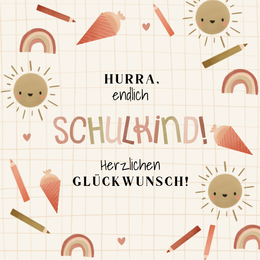 Glückwunschkarten - Glückwunschkarte Schulkind kleine Symbole rostbraun