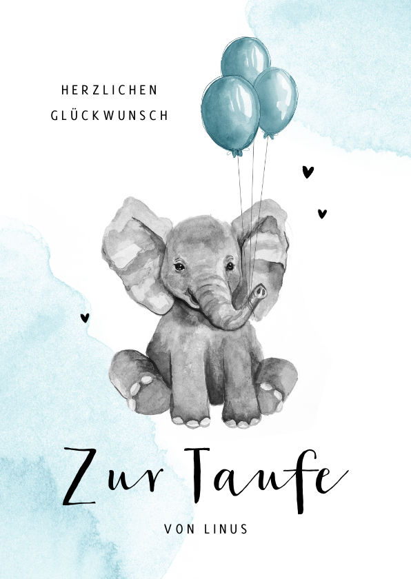 Glückwunschkarten - Glückwunschkarte Taufe Elefant blaue Ballons