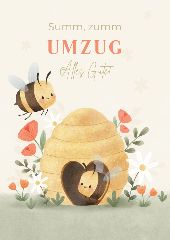 Glückwunschkarten - Glückwunschkarte Umzug Bienen mit Bienenkorb