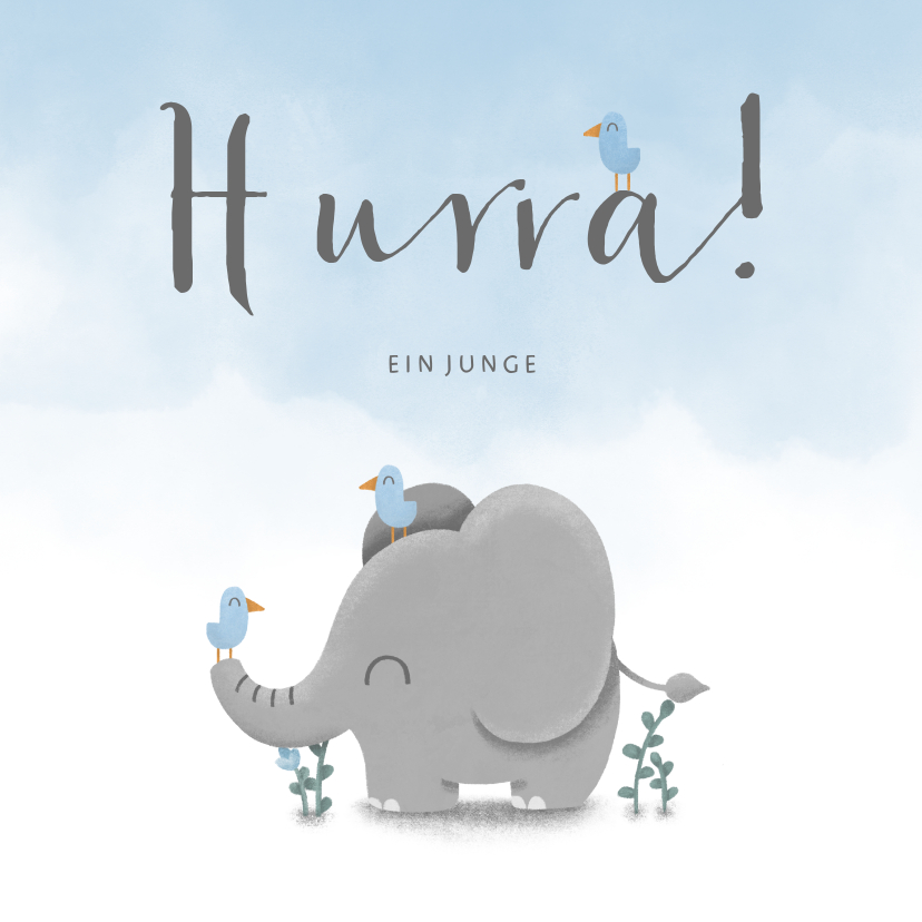 Glückwunschkarten - Glückwunschkarte zur Geburt blau mit Elefant und Vögeln