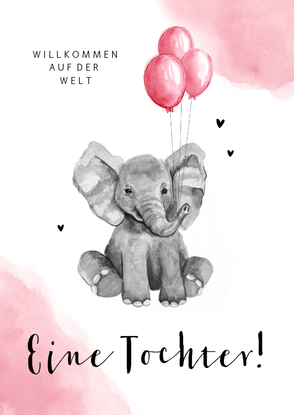 Glückwunschkarten - Glückwunschkarte zur Geburt Elefant mit rosa Luftballons