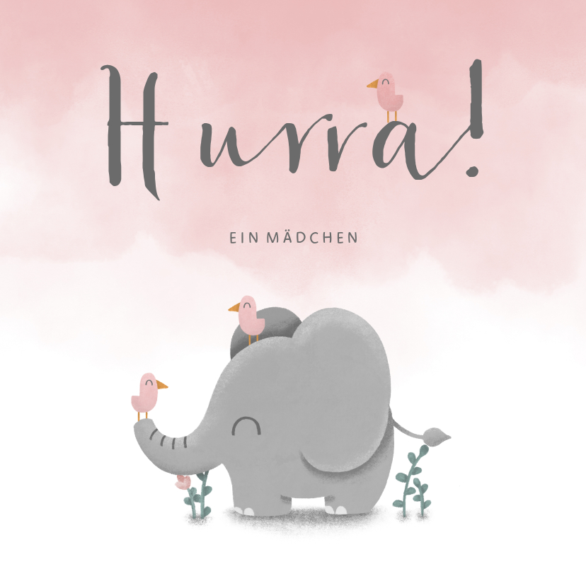 Glückwunschkarten - Glückwunschkarte zur Geburt rosa mit Elefant und Vögeln