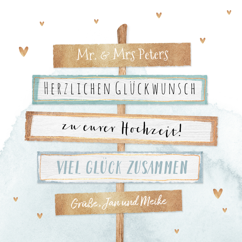 Glückwunschkarten - Glückwunschkarte zur Hochzeit Holzschilder und Herzen