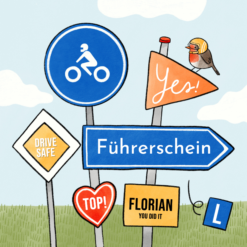 Glückwunschkarten - Motorrad-Führerschein Glückwunschkarte Verkehrsschilder