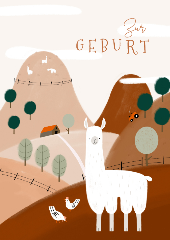 Glückwunschkarten - Zur Geburt Glückwunschkarte Landschaft mit Alpaka