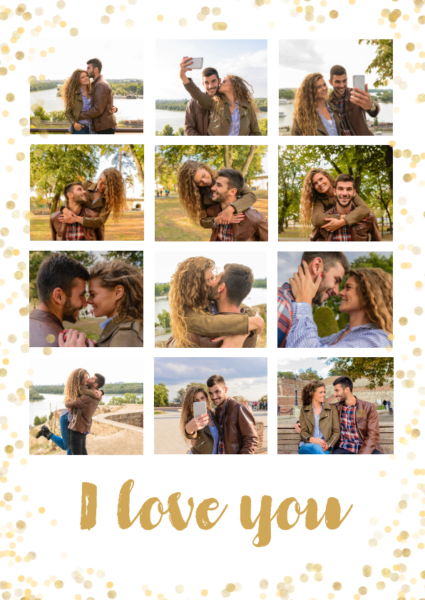 Grußkarten - Fotocollage Karte I love you mit 12 Fotos & Konfetti Rahmen