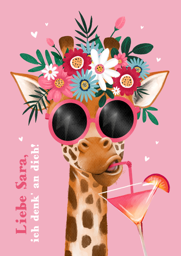 Grußkarten - Grußkarte Urlaub Giraffe mit Blumen Sonnenbrille Cocktail